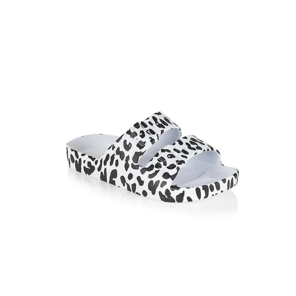 Freedom Moses Sandals Girls US 8 White Black Leopard Print Slip On Slide ZAP1924